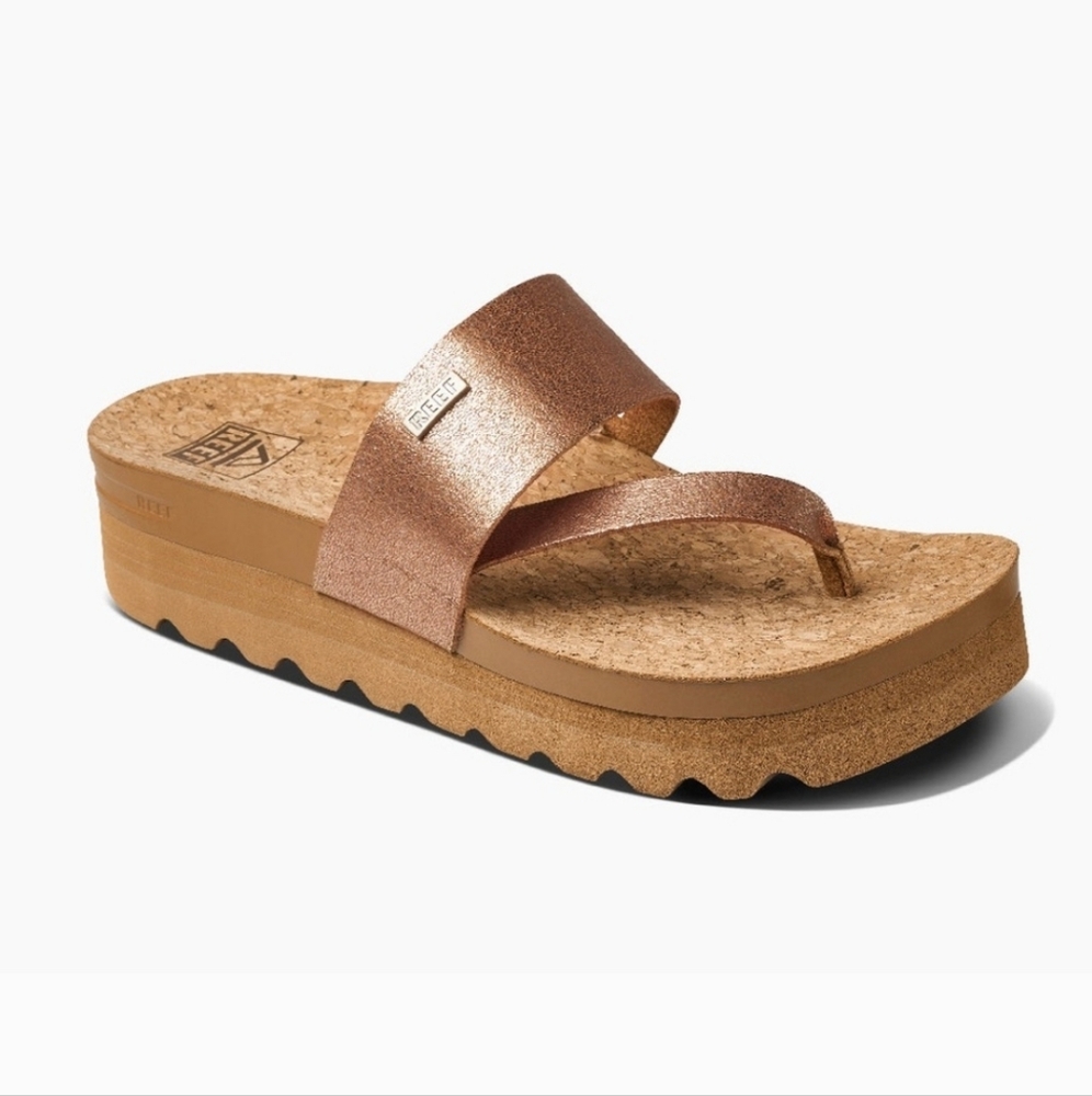 REEF Sol Hi Metallic Copper Gold Platform Thong Strap Sandal Slides Size 8